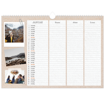 Familiekalender A3 Liggande — Naturlig planlegger - Familie på 3 [Januar]